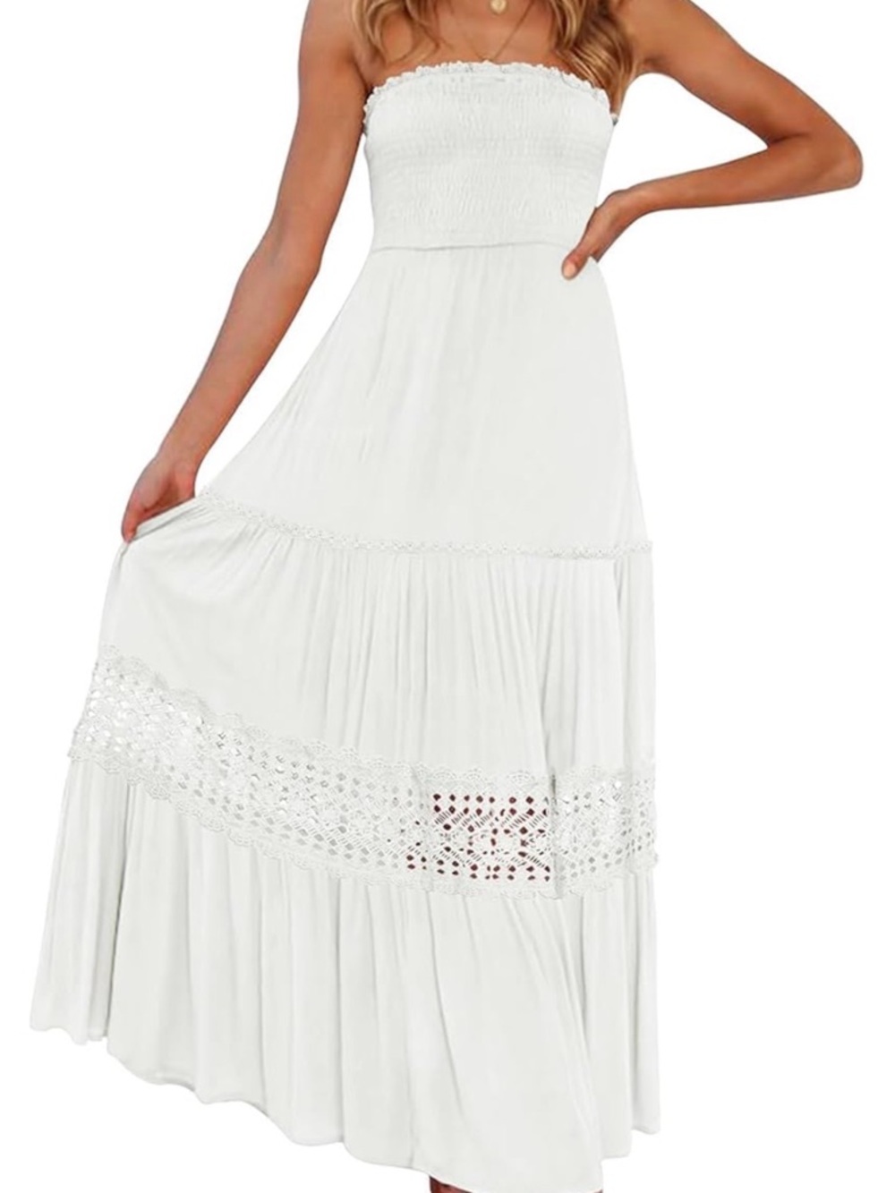 ZESICA White Strapless Maxi Dress with Crochet Trim